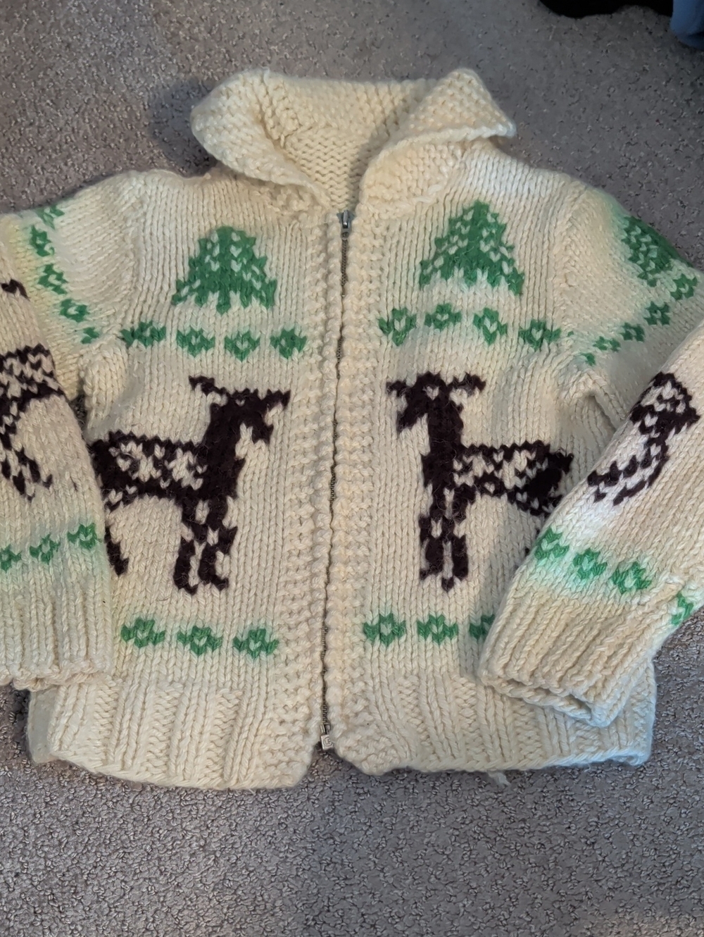 Kids Vibtage Handknit Cream  Zip-Up Jacket with Green & Brown Motifs